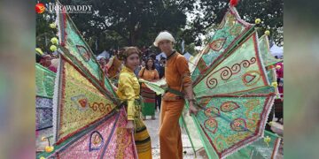 Dancers in traditional Shan attire participate in a Shan Thingyan celebration in Yangon in April 2018. / Htet Wai / The Irrawaddy