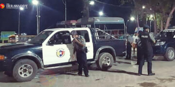 Police on patrol in Pathein. / The Irrawaddy