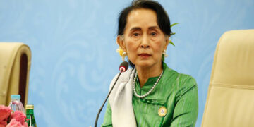 State Counselor Daw Aung San Suu Kyi speaks at the press conference on the 13th Asia-Europe Meeting (ASEM) Foreign Ministers’ Meeting in Naypyitaw on Nov. 21 / Myanmar State Counselor’s Office / Facebook