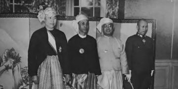 Dr. Thein Maung (third from left) with Dr. Ba Maw (far left), Thakin Mya (second from left) and General Aung San.