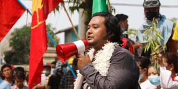 Ko Wai Moe Naing at an anti-regime protest in Monywa.
