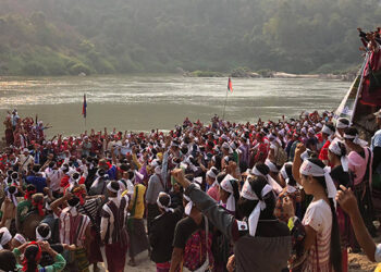 Karen people gather to oppose the construction of dams on the Salween River, including the Hatgyi Dam, in Hpapun, Karen State, on March 14.