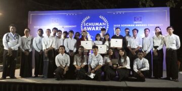 The 2020 Schuman Award recipients pose at an award ceremony at the EU ambassador’s residence in Yangon on Feb. 19, 2020. / Zaw Naung Lin / The Irrawaddy