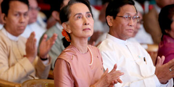 Myanmar State Counselor Daw Aung San Suu Kyi attends the 3rd Asia-PacificWater Summit at the Sedona Hotel in Yangon in 2017. / The Irrawaddy