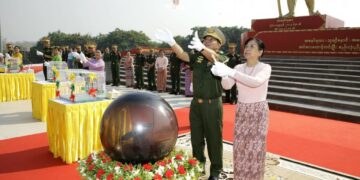 Snr-Gen Min Aung Hlaing and his wife Daw Kyu Kyu Hla (right) with other senior military members and their spouses in 2020. / CinCds