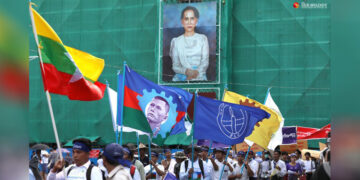 Yangon workers strike to demand an increase in their minimum daily wage on May Day in 2018. / The Irrawaddy