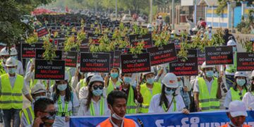 Mandalay engineers march in opposition to the military regime on Feb. 26. / Zaw Zaw / The Irrawaddy