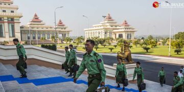 Military-appointed lawmakers arrive at the Lower House of Parliament on Jan. 27, 2020. / Htet Wai / The Irrawaddy