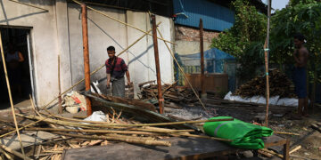 A temporary prayer site for Ramadan in South Dagon Township Quarter No. 63 was demolished on Thursday after nationalists surrounded the place, demanding its shutdown. / The Irrawaddy 
