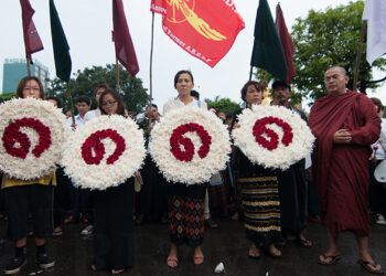 A ceremony in downtown Rangoon remembers those killed when security forces opened fire on people protesting against the one-party rule of Gen. Ne Win. / The Irrawaddy