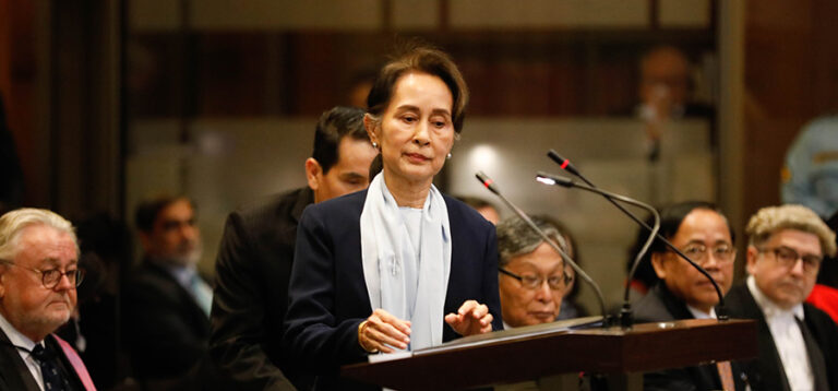 Myanmar State Counselor Daw Aung San Suu Kyi takes the podium at the ICJ on Dec 11. / State Counselor’s Office