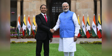 Myanmar President U Win Myint (left) with Indian Prime Minister Narendra Modi ahead of their discussions at Hyderabad House in New Delhi on Thursday. / Ministry of External Affairs, Government of India
