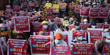 PIC: Anti-regime protesters at the US Embassy in Yangon last month. / The Irrawaddy