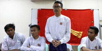 Thet Maung Maung, standing, tells reporters how he was forced to leave his home on a military base at a press conference in Yangon on Thursday. On the right is Zay Yar Lin, another member of the ABFSU, and closest on the left, Aung Khine Lin, Aung Khine Lin, chairman of the ABFSU in Pakokku. / Myo Min Soe / The Irrawaddy
