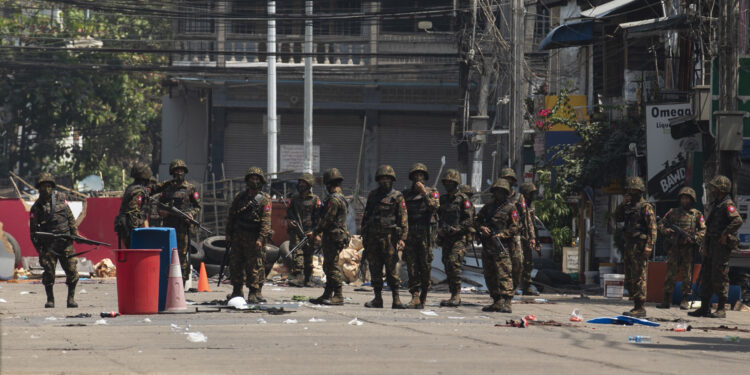 Regime soldiers in Yangon in early March. / The Irrawaddy