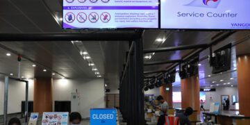 A closed airline counter at Yangon International Airport in March. / Myo Min Soe / The Irrawaddy