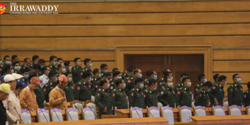 Virus-wary military lawmakers attend the Union Parliament session on March 4 wearing face masks amid fears of the spread of coronavirus. / Myo Min Soe / The Irrawaddy