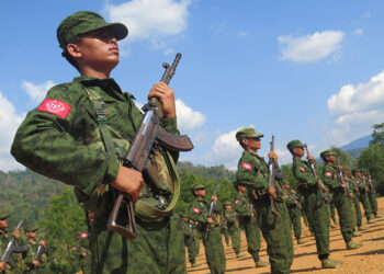 Arakan Army (AA) soldiers at their Kachin State headquarters in April 2019. / The Irrawaddy