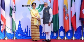India’s Prime Minister Narendra Modi meets State Counselor Aung San Suu Kyi at the Bimstec summit in Goa, India. / Ministry of Information / Facebook