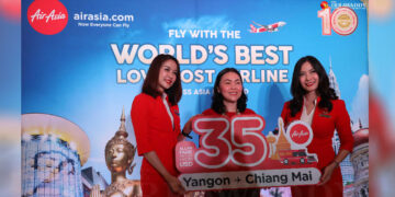 AirAsia rolls out a new route, Yangon-Chiang Mai, on Monday, in Yangon. / Myo Min Soe / The Irrawaddy