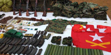Weapons seized from the National Socialist Council of Nagaland-Khaplang (NSCN-K) Headquarters during a military raid in 2019. / Office of the Commander-in-Chief of Defense Services.