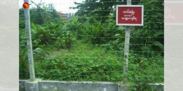 A signboard reading ‘Military-owned land. No trespassing’ / The Irrawaddy