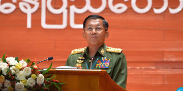 Myanmar military chief Senior General Min Aung Hlaing delivers a speech at the opening of the fourth session of the 21st-Century Panglong peace conference on Wednesday. / NRPC