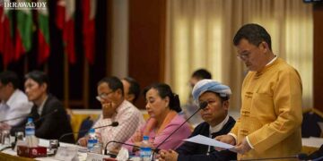 Colonel Sai Ngern of the Restoration Council of Shan State (RCSS) joins a negotiation meeting at the National Reconciliation and Peace Center in Yangon in February 2020. / Aung Kyaw Htet / The Irrawaddy 
