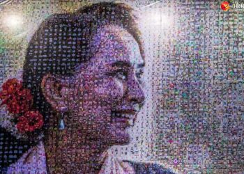 A portrait of Myanmar State Counselor Daw Aung San Suu Kyi  made from a collage of images of 7,500 people to celebrate her 75th birthday. / Htet Wai / The Irrawaddy