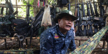 Col. San Aung photographed while speaking at a remote base in Myaing Gyi Nyu Township, Karen State. / Supplied