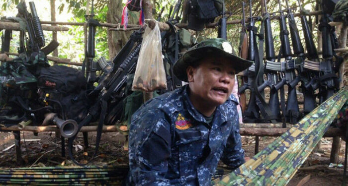 Col. San Aung photographed while speaking at a remote base in Myaing Gyi Nyu Township, Karen State. / Supplied
