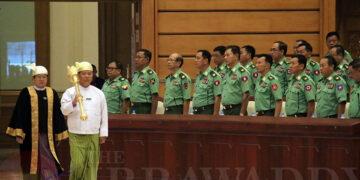 Military appointees attend the resumption of Parliament in Naypitaw on July 23. / Htet Naing Zaw / The Irrawaddy