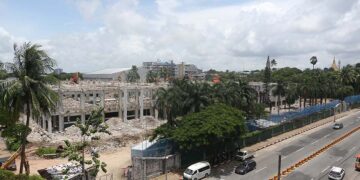 The former Defense Services Museum is pictured in the process of being demolished on Aug.14.  / Thet Htun Naing / The Irrawaddy