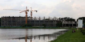 The construction of amusement arcades by private companies is pictured at Mya Kyun Tha Garden in 2016. / Myo Min Soe / The Irrawaddy