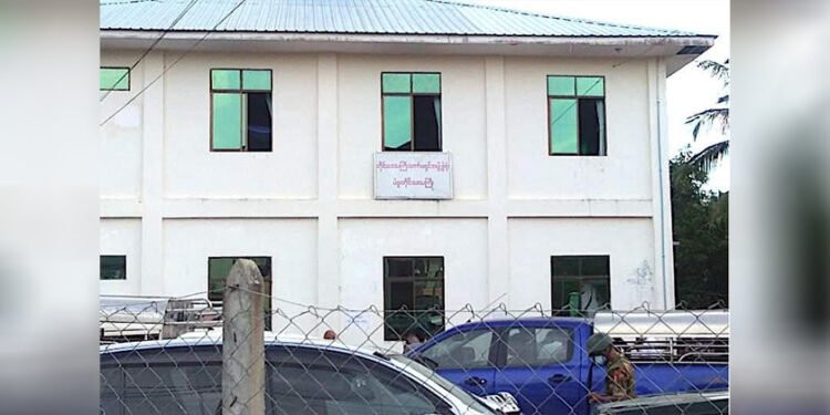 Bago Region's election sub-commission office is damaged after being attacked with explosives. / Zin Lin Htet / The Irrawaddy