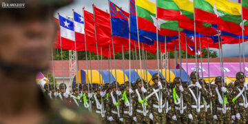 The military-backed Karen State Border Guard Force (BGF) celebrates its ninth anniversary in Shwe Kokko on Aug. 20, 2019. / Htet Wai / Irrawaddy