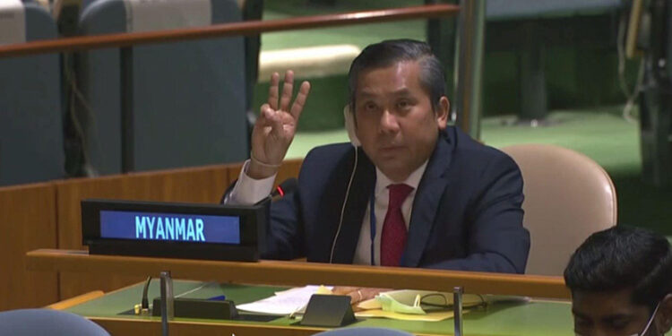 U Kyaw Moe Tun, the UN ambassador for Myanmar, concludes his speech with a three-finger salute in solidarity with anti-regime protesters at home at the informal UN General Assembly on Friday.