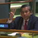 U Kyaw Moe Tun, the UN ambassador for Myanmar, concludes his speech with a three-finger salute in solidarity with anti-regime protesters at home at the informal UN General Assembly on Friday.