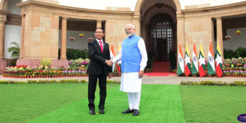 Myanmar President U Win Myint (left) and Indian Prime Minister Narendra Modi in New Delhi on Thursday. / Myanmar President’s Office