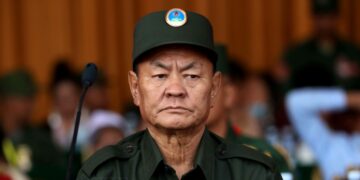 UWSA chief Bao Youxiang attends the group’s 30th anniversary celebration in Panghsang on Wednesday. / Myo Min Soe / The Irrawaddy