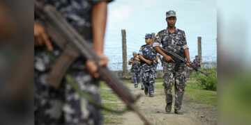 Myanmar security forces patrol near the border with Bangladesh in northern Rakhine State. / The Irrawaddy