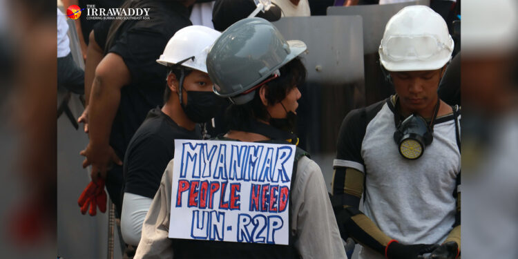 Anti-regime protesters call for the Responsibility to Protect (R2P) from the UN in Yangon on March 7. / The Irrawaddy