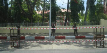 Regime forces are seen outside a high school in Yangon on June 1. / CJ