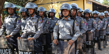 Police officers march during European Union-provided crowd-management training in support of Myanmar Police Force reforms in 2014. / The Irrawaddy