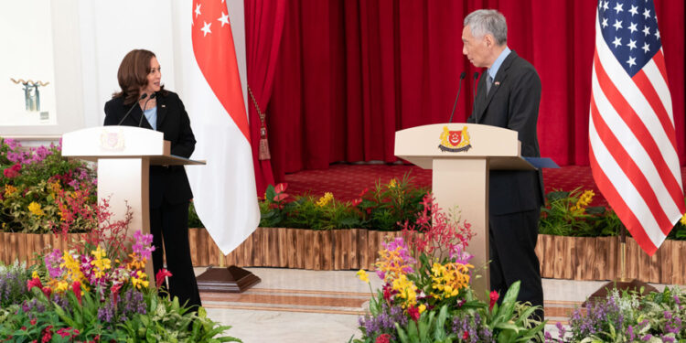 US Vice President Kamala Harris with Singaporean Prime Minister Lee Hsien Loong in Singapore during her Southeast Asian tour in August. / Kamala Harris Facebook