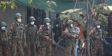 Military troops are deployed in Mandalay amid the regime’s crackdown on protesters on Feb. 22, the day of the '22222' nationwide general strike. / The Irrawaddy