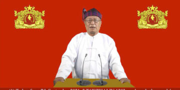 A screengrab of the NUG’s acting president Duwa Lashila from the video in which he declares war on the regime.