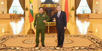Myanmar military chief Snr-Gen Min Aung Hlaing and Chinese Foreign Minister Wang Yi meet in Naypyitaw on Tuesday. / Tatmadaw Information Team