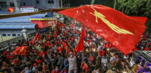 NLD supporters celebrate the party’s victory in Mandalay in Nov 2020. / The Irrawaddy
