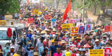 Thousands of people take to the streets in Sagaing Region's Ye-U Township on March 20 to protest against the military coup. / CJ